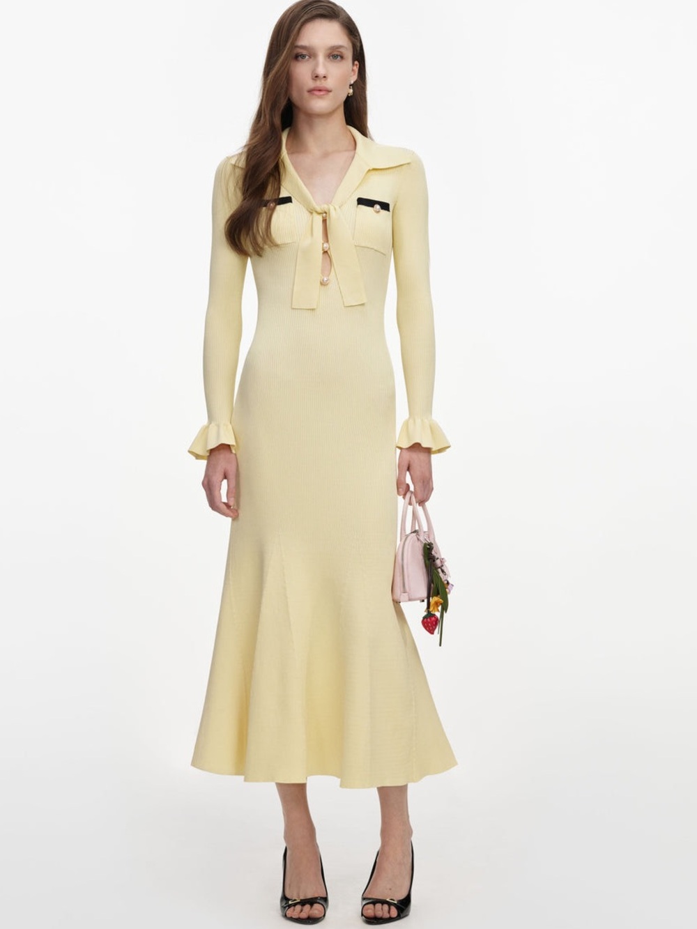 Self-Portrait NWOT YELLOW VISCOSE KNIT TIE MIDI DRESS